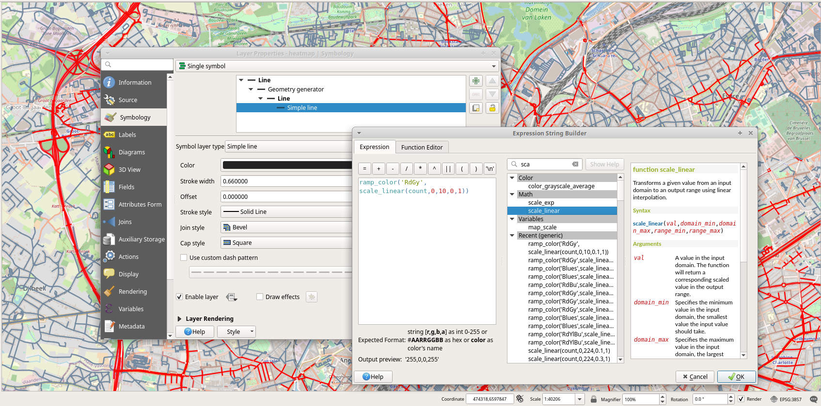 Assigning in QGIS a gradient color from blue to red according to the value of the attribute count.