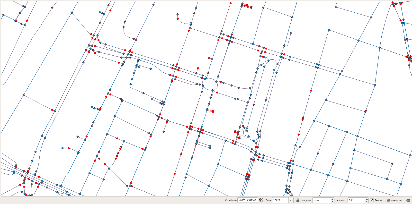 Comparison of the nodes obtained (in blue) with those obtained by osm2pgrouting (in red).