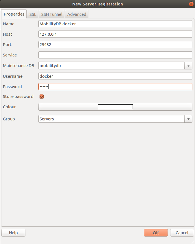 Configuration of a connection to the docker image in pgAdmin.