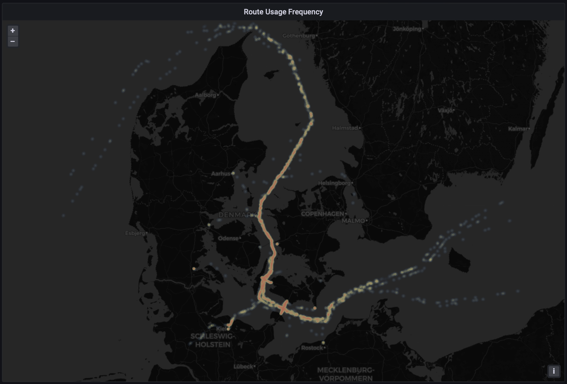 Route usage frequency heat-map visualization