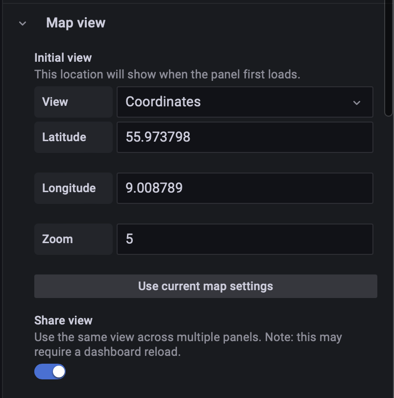 Setting initial view in map view dialogue box