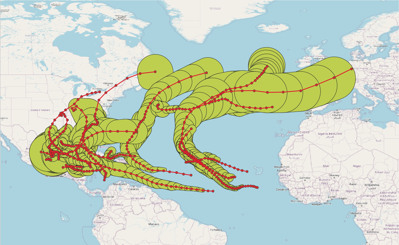 Illustration of the use of the tcbuffer type for modelling the circular buffer around the wind swath of tropical storms in 2024.