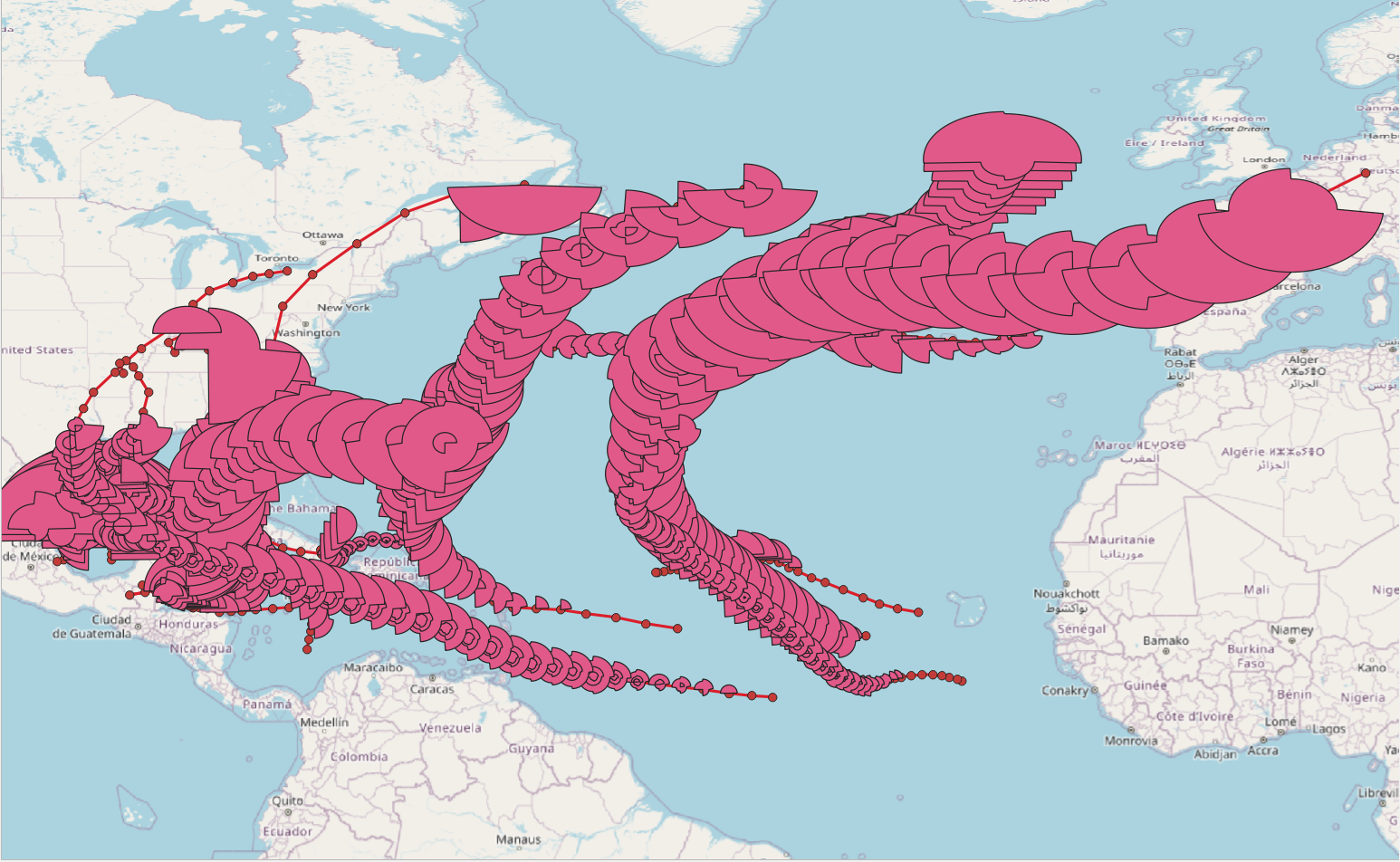 Ilustración del uso de los tipos tgeompoint (arriba) y tgeometry (abajo) para modelizar la trayectoria y la franja de viento de las tormentas tropicales en 2024.
