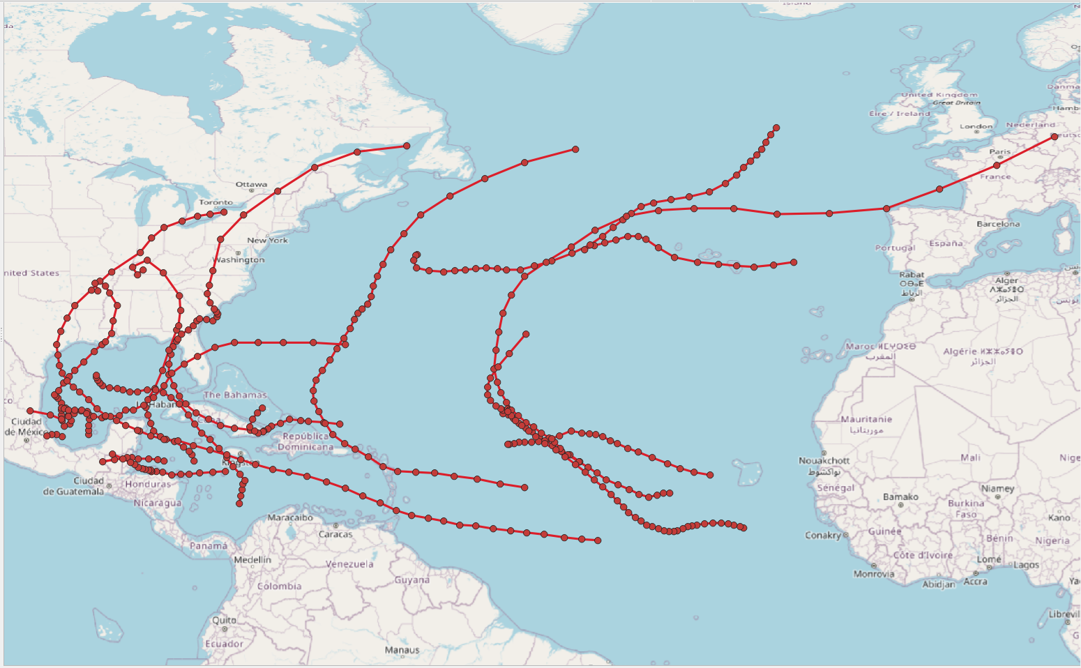 Ilustración del uso de los tipos tgeompoint (arriba) y tgeometry (abajo) para modelizar la trayectoria y la franja de viento de las tormentas tropicales en 2024.